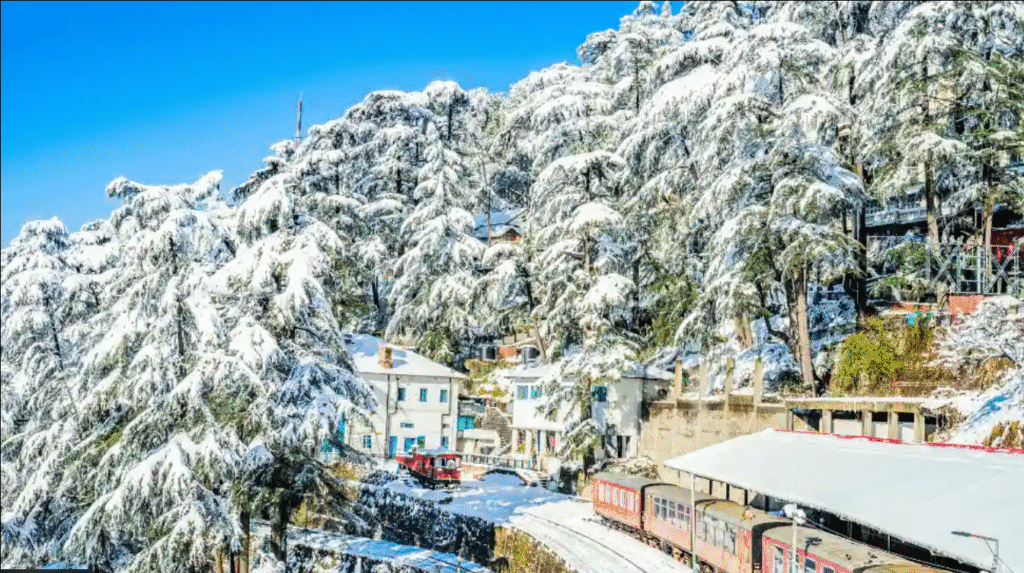 Toy Train running through snowy landscapes in Shimla Himachal Pradesh