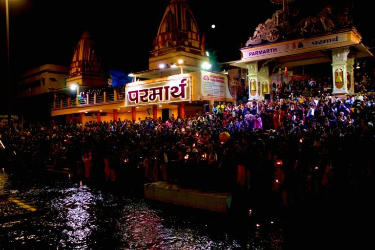 Illuminated temple and ashram at night in Rishikesh