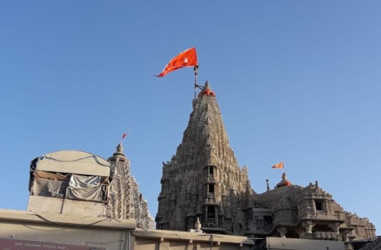 Dwarkadhish Temple in Mathura with saffron flag