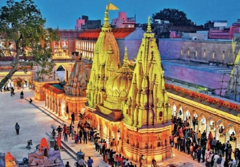 Illuminated Kashi Vishwanath Temple in Varanasi at night