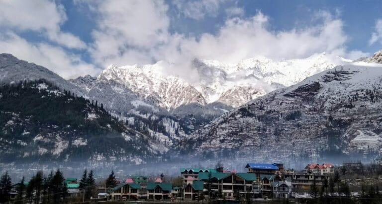 Snowy mountain peaks at Rohtang Pass near Manali Himachal Pradesh