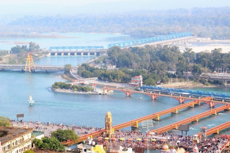 Aerial view of Rishikesh and Ganga bridges