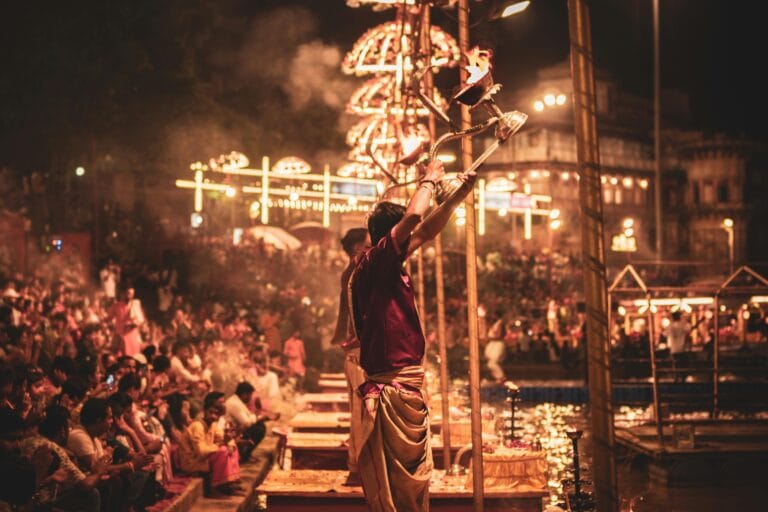 Priests performing Ganga Aarti at Dashashwamedh Ghat in Varanasi