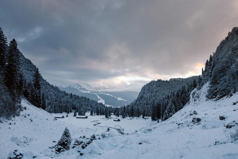 Snowy winter valley view in Manali Himachal Pradesh