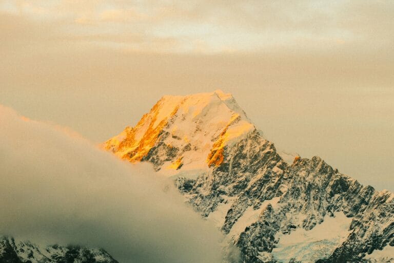 Snow-capped Dharamshala mountain peak at sunrise in Himachal Pradesh